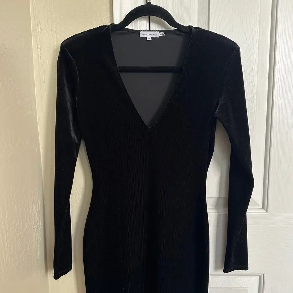 Good American Black Velvet Midi Dress Ribbed Size 2 -‎ Medium